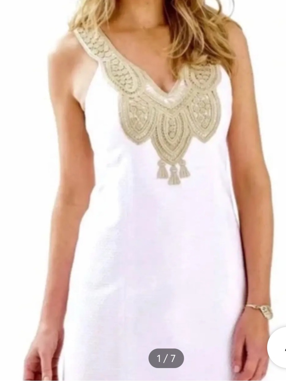 Lilly Pulitzer White Shift Dress with Gold Embellished Neckline, Size 6